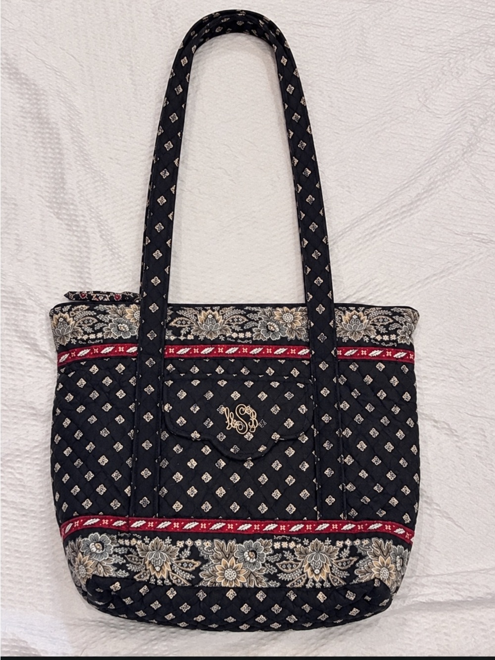 Vera Bradley Black Quilted Floral Tote with Red Accents